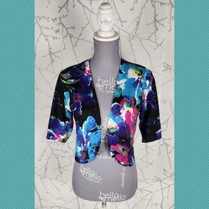 Joseph A. Colorful Watercolor Floral Artsy Open Front Cropped Cardigan Teacher